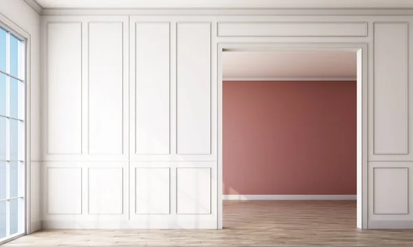 现代经典的白色空旷室内空间与墙板装饰 粉红的粉刷墙和木制地板 3D渲染 — 图库照片