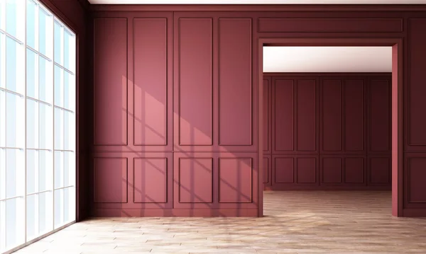 现代经典的勃艮第空旷室内空间与墙板装饰和木制地板 3D渲染 — 图库照片