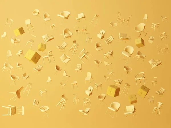 Abstraktní Hodně Žluté Židle Složení Pozadí Vykreslování — Stock fotografie
