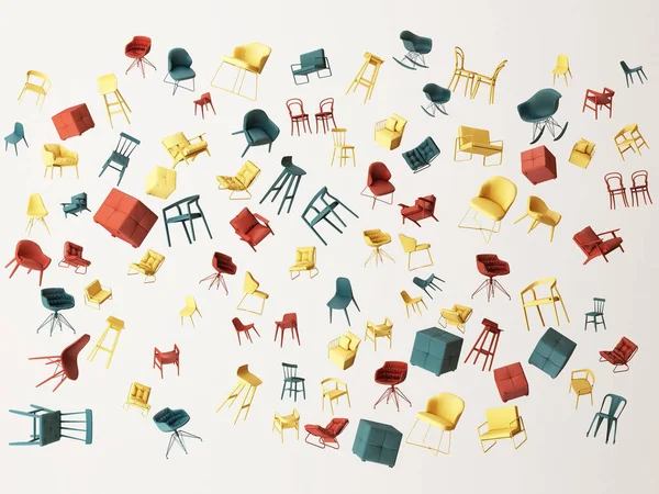 Abstraktní Hodně Barevné Židle Kompozice Pozadí Vykreslování — Stock fotografie
