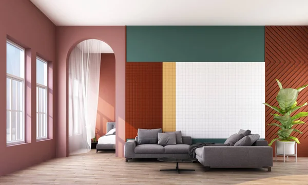 カラフルな壁でメンフィスのインテリアスタイルのリビングエリアを飾る 3Dレンダリング — ストック写真