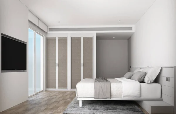 Quarto Branco Com Mobiliário Madeira Piso Renderização — Fotografia de Stock