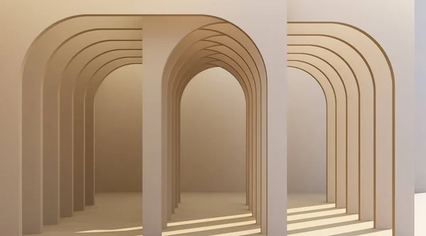 Minimalist, kahverengi kemerli koridor mimari koridoru boş duvarlı. 3d oluşturma, en az.