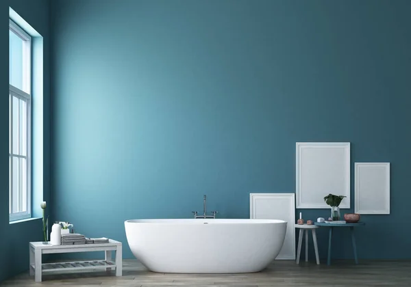 Banyo tasarımı modern ve mavi duvarlı tavan arası. 3d oluşturma