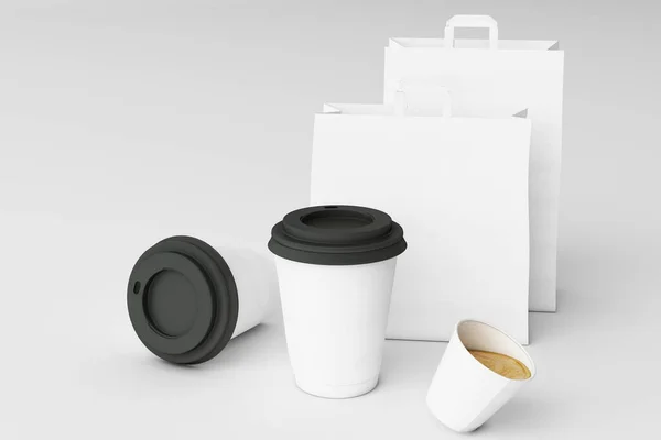 Ensemble Sac Provisions Papier Blanc Tasses Café Sur Fond Blanc — Photo