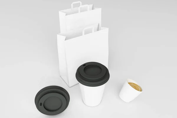Conjunto Saco Compras Papel Branco Xícaras Café Fundo Branco Renderização — Fotografia de Stock