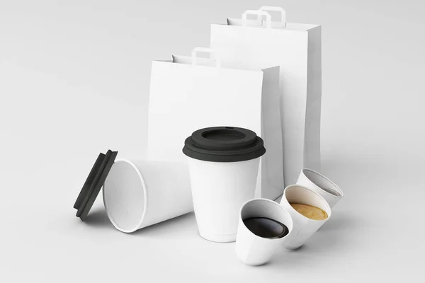 Conjunto Saco Compras Papel Branco Xícaras Café Fundo Branco Renderização — Fotografia de Stock