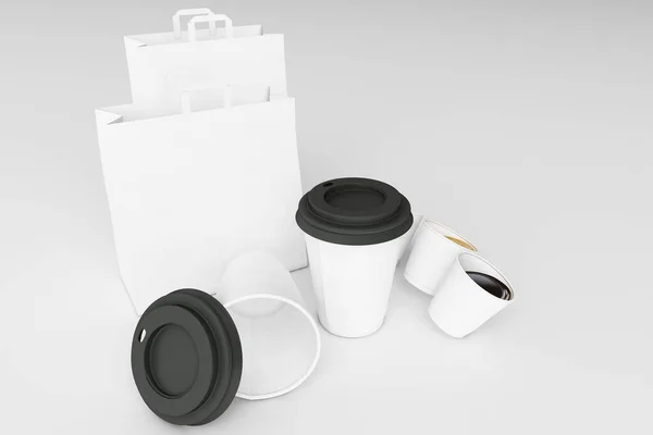 Conjunto Saco Compras Papel Branco Xícaras Café Fundo Branco Renderização — Fotografia de Stock