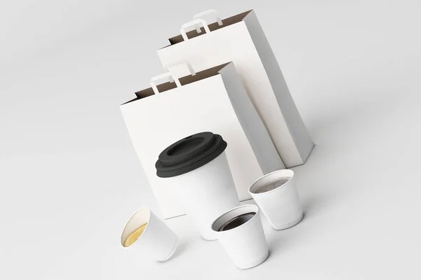 Комплект Белой Бумаги Покупки Мешок Чашки Кофе Белом Фоне Рендеринг — стоковое фото