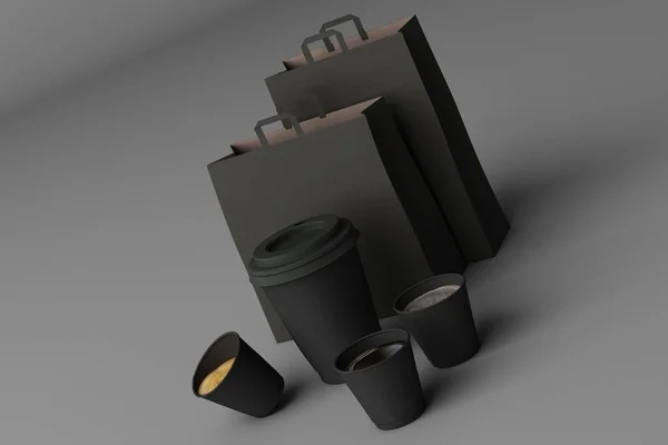 Set Black Paper Shopping Bag Coffee Cups Grey Background Rendering — Stock Photo, Image