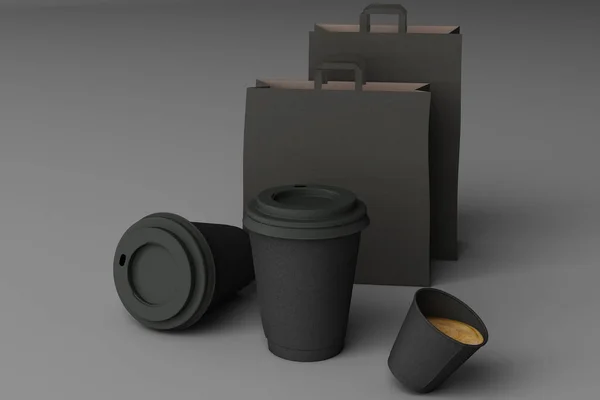 Set Aus Schwarzer Papiereinkaufstasche Und Kaffeetassen Auf Grauem Hintergrund Darstellung — Stockfoto