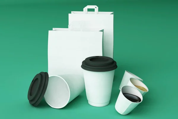 Set Aus Weißer Papiereinkaufstasche Und Kaffeetassen Auf Grünem Pastell Hintergrund — Stockfoto