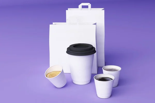 Conjunto Saco Compras Papel Branco Xícaras Café Fundo Pastel Roxo — Fotografia de Stock