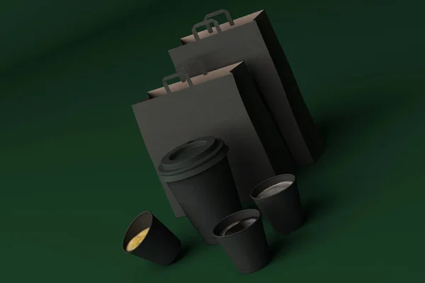 Siyah Kağıt Alışveriş Torbası Yeşil Arka Planda Kahve Fincanları Oluşturma — Stok fotoğraf