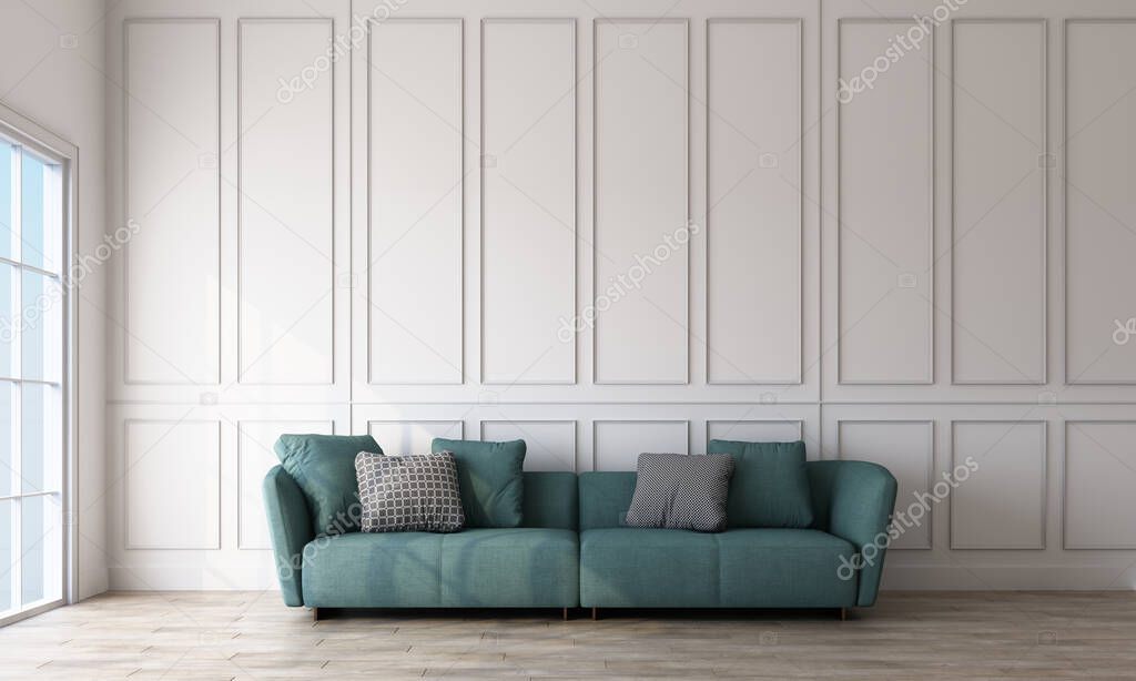 room interior with green sofa white rectangular pattern walls and a light wooden floor. 3d rendering