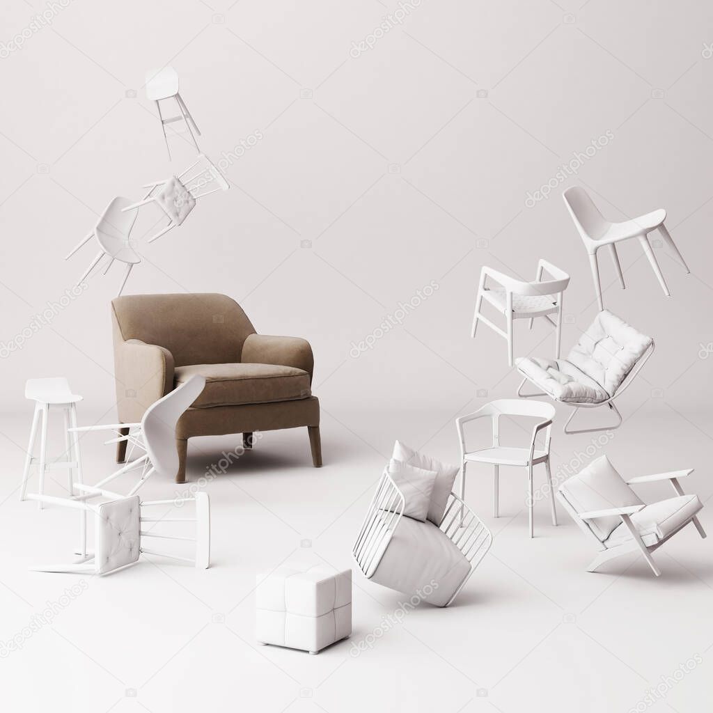 Brown armchair surrounding by a lot of white little chair. 3d rendering,artwork