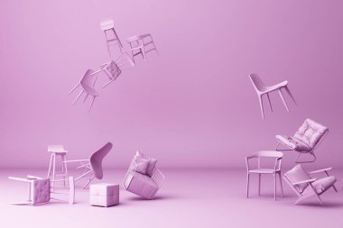Mor arka planda bir sürü sandalye var. - 3D görüntüleme