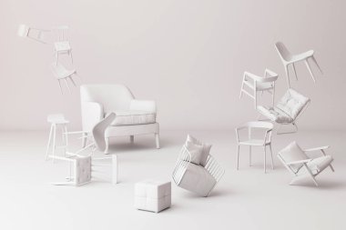 Beyaz arka planda bir sürü sandalye var. - 3D görüntüleme