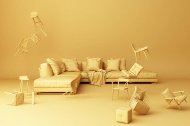 Sarı arka planda bir sürü sandalye var. - 3D görüntüleme