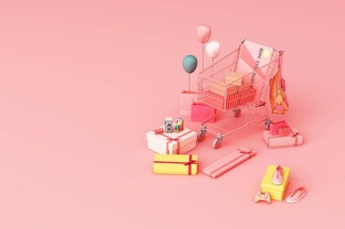 Pembe arka planda kredi kartı olan hediye kutusuyla çevrili süpermarket alışveriş arabası. 3d oluşturma