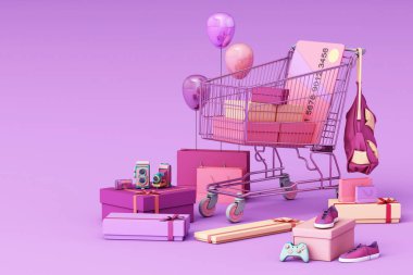 Mor arka planda kredi kartı olan hediye kutusuyla çevrili süpermarket alışveriş arabası. 3d oluşturma