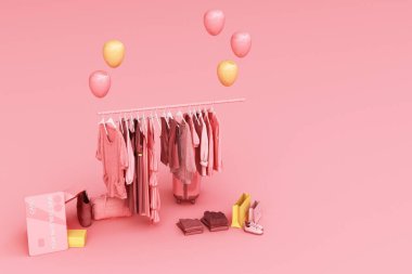 Çanta ve kredi kartıyla çevrili bir askıda asılı giysiler. 3d oluşturma