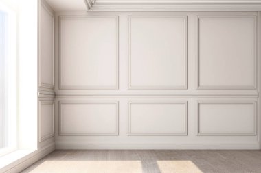 Oturma odasının, klasik duvar paneliyle 3 boyutlu resimlendirilmesi.