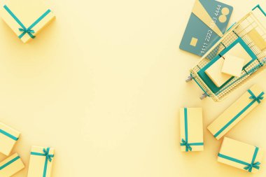 Etrafı hediye kutusuyla çevrili süpermarket alışveriş arabası ve sarı arka planda kredi kartı. 3d oluşturma