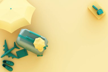 Pastel sarı arka planda gezgin aksesuarları olan bavul. seyahat konsepti. 3d oluşturma