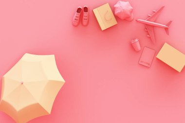 Pastel pembe arka planda gezgin aksesuarları olan bavul. seyahat konsepti. 3d oluşturma