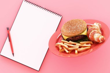 Tabağında patates kızartması olan hamburger ve pembe arka planda pano. 3d hazırlayıcı