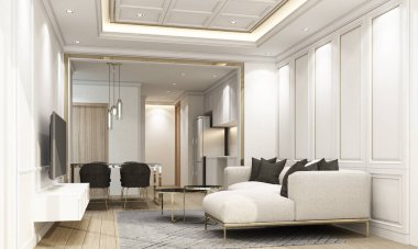 Klasik öğe ve mobilyalarla yaşam ve yemek alanı modern lüks. 3d oluşturma 