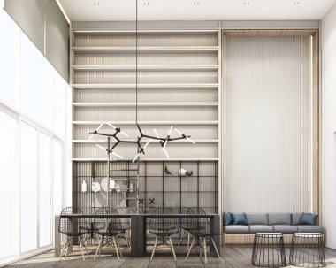 Duvar süslemesi ve ahşap zemin üzerine kitaplık döşenmiş eş-wokring alanı. 3d oluşturma