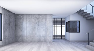 Modern çatı katında yaşam alanı merdiven ve ahşap döşeme ile dekore edilmiş. 3d oluşturma
