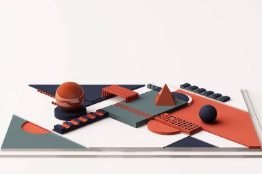 Geometrik şekillerin kompozisyonu turuncu ve koyu mavi tonlarda tasarlandı. 3d resimleme