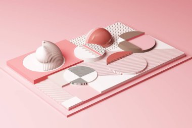 Pastel pembe tonda geometrik şekillerin kompozisyonu ile tasarlandı. 3d resimleme