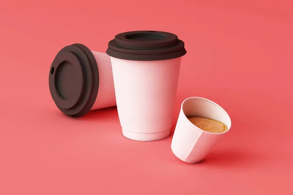 Conjunto Xícaras Café Branco Fundo Rosa Renderização — Fotografia de Stock