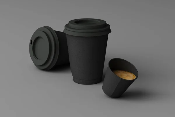 Fekete Kávéscsészék Szürke Háttérrel Renderelés — Stock Fotó