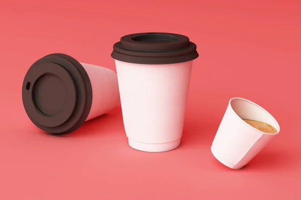 Fehér Kávéscsésze Készlet Rózsaszín Háttérrel Renderelés — Stock Fotó