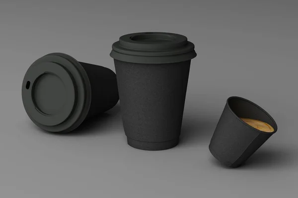 Set Schwarzer Kaffeetassen Auf Grauem Hintergrund Darstellung — Stockfoto