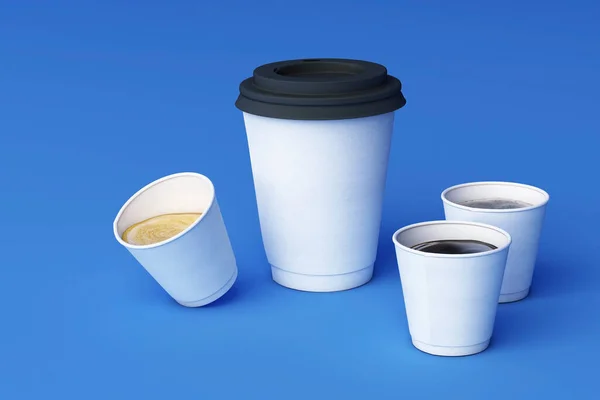 Conjunto Xícaras Café Branco Fundo Azul Renderização — Fotografia de Stock