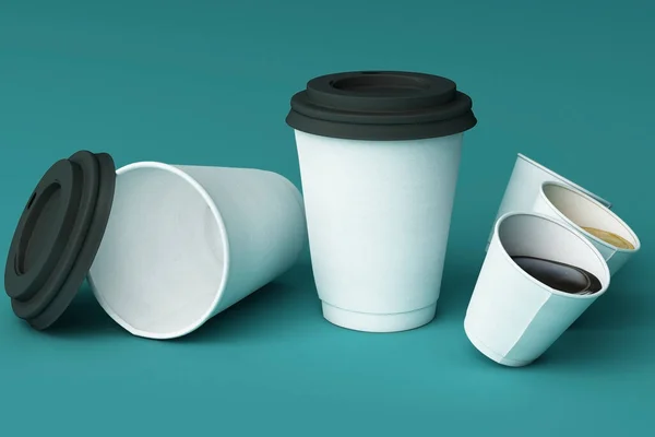 Set Weißer Kaffeetassen Auf Grünem Hintergrund Darstellung — Stockfoto