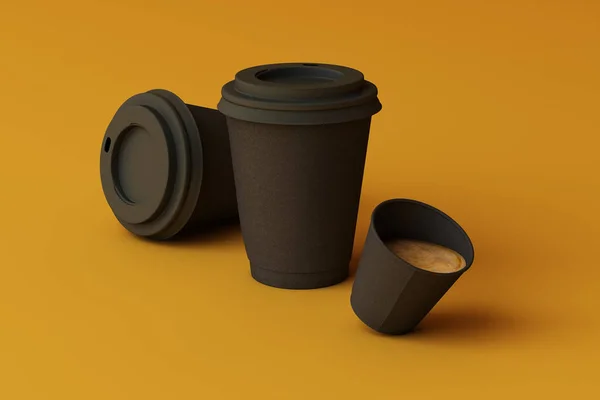 Conjunto Xícaras Café Preto Fundo Amarelo Renderização — Fotografia de Stock