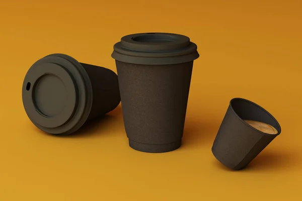 Joukko Mustia Kahvikupit Keltaisella Pohjalla Renderointi — kuvapankkivalokuva