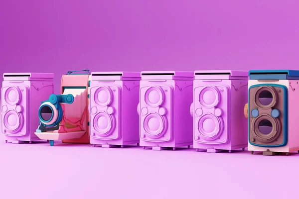 Красочная Винтажная Камера Окружающая Фиолетовую Винтажную Камеру Фиолетовом Фоне — стоковое фото