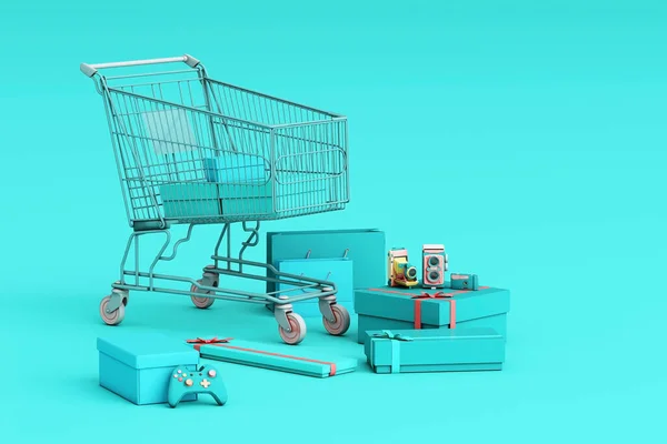 Supermercado Carrinho Compras Torno Giftbox Fundo Azul Renderização — Fotografia de Stock