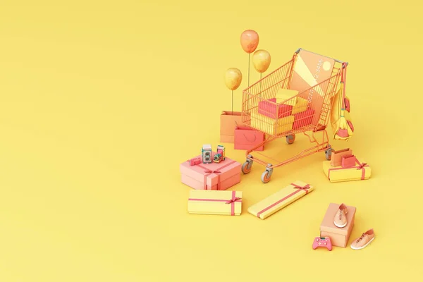 黄色の背景にクレジットカードでギフトボックスに囲まれたスーパーマーケットショッピングカート 3Dレンダリング — ストック写真