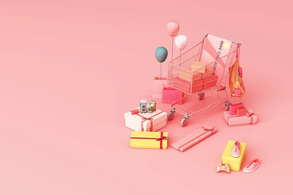 Supermarket Shopping Cart Surrounding Giftbox Credit Card Pink Background Rendering — Stock Photo, Image