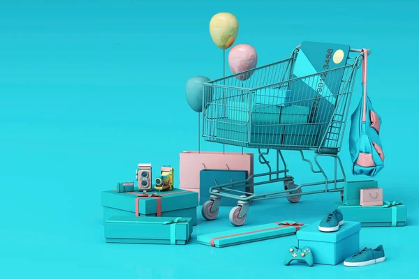 Supermercado Carrinho Compras Torno Giftbox Com Cartão Crédito Fundo Azul — Fotografia de Stock