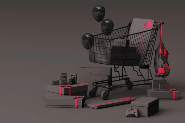 Supermarket Shopping Cart Surrounding Giftbox Credit Card Grey Background Rendering — Stock Photo, Image